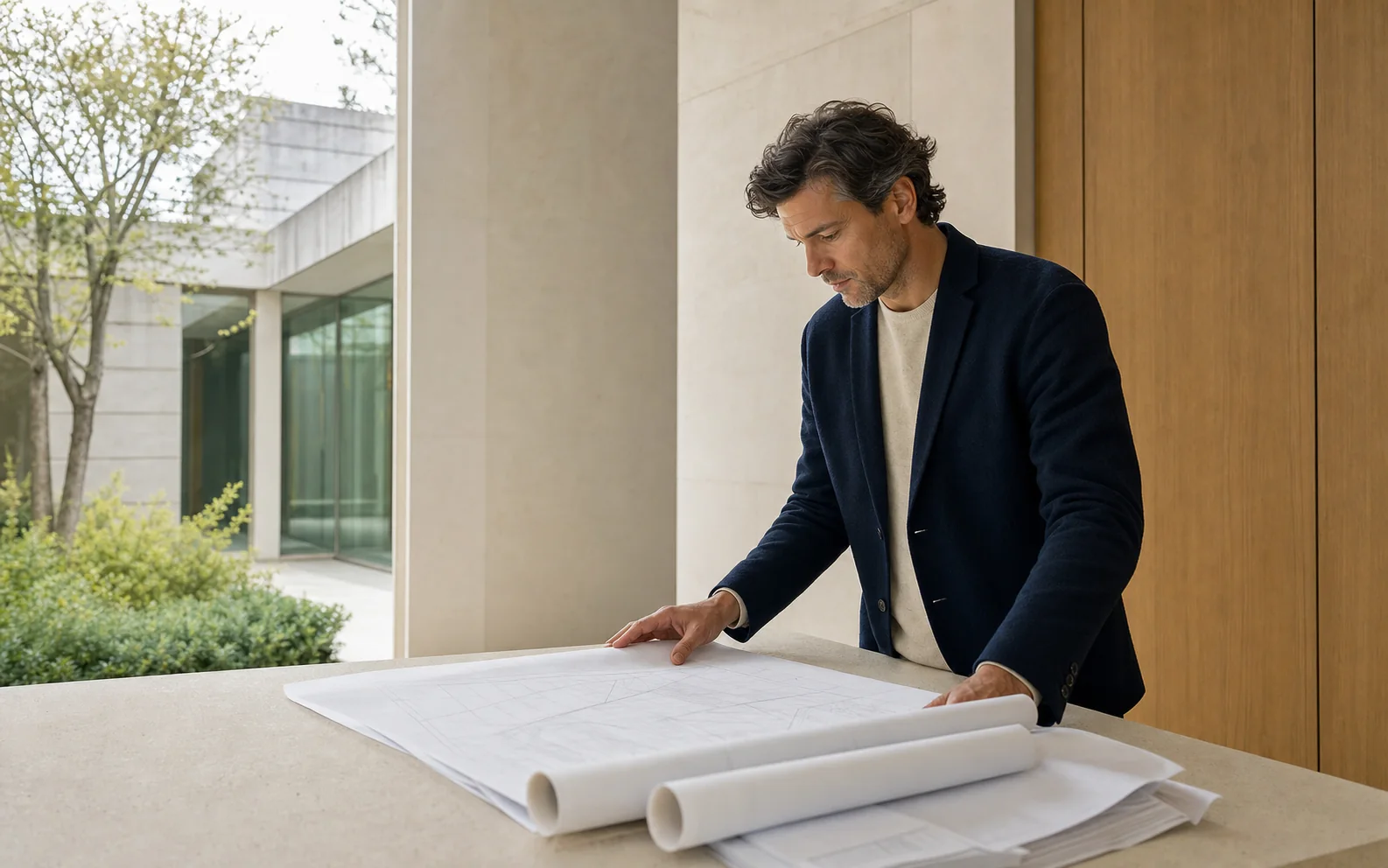 Un professionnel examine des plans techniques sur une table